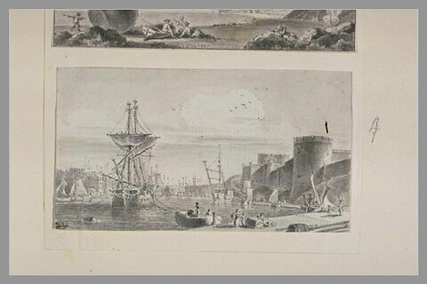 Vue prise dans le port de Brest : le château, la mâture