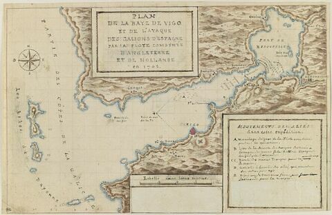 Plan explicatif de l'attaque des galions dans la baie de Vigo, 1702, image 1/2