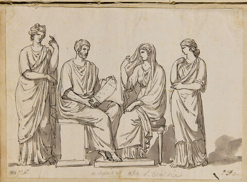 Quatre personnages à l'antique drapés, en conversation