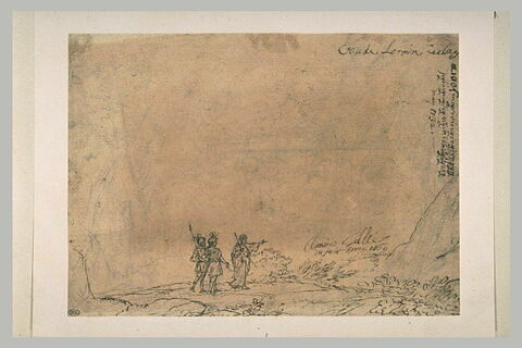 Paysage avec deux guerriers et un homme portant une longue robe, image 1/1