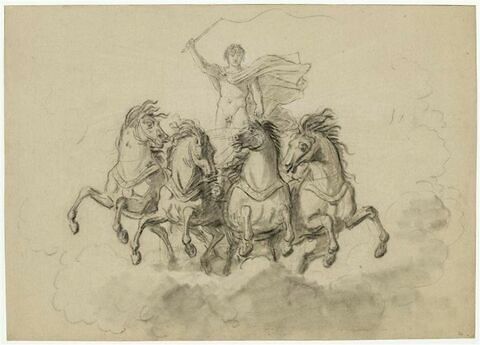 Apollon conduisant un char sur des nuées, traîné par quatre chevaux, vu de face