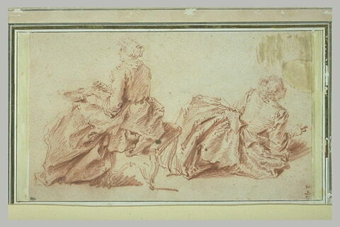 Une femme assise tenant une écuelle et une femme à demi allongée