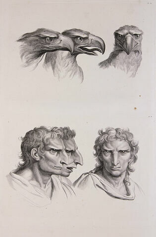 Trois têtes d'aigle et trois têtes d'hommes en relation avec l'aigle