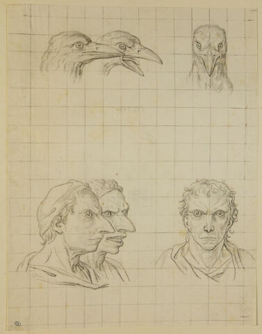 Trois têtes de corbeaux et trois têtes d'hommes en relation avec le corbeau