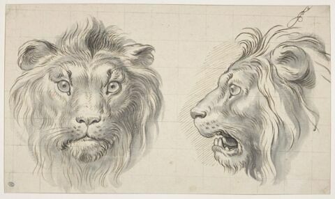Deux têtes de lion, l'une de face et l'autre de profil