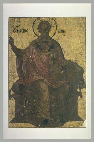 Saint Nicolas en trône, la main droite levée, la gauche tenant un livre ouvert, image 2/2