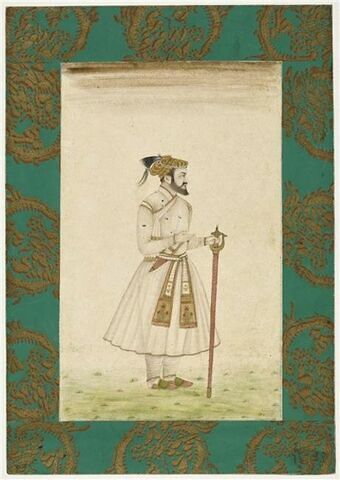 Portrait de l'empereur Shah Jahan : figuré dans la fleur de l'âge, il est debout, la tête de profil, tenant épée et poignard, image 1/1