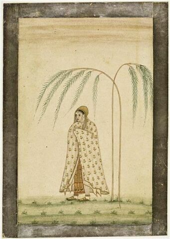 Femme indienne couverte d'un manteau, au pied d'un saule pleureur, image 1/1