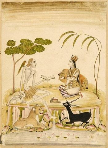 Leila et Majnun dans le désert : les deux amoureux du célèbre poème de Jami sont figurés assis l'un en face de l'autre; une antilope et un lion sont couchés à leurs pieds
