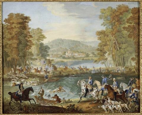 Les Chasses de Louis XVI : La Meute de chiens courants allant au rendez-vous au carrefour de l'Embrassade