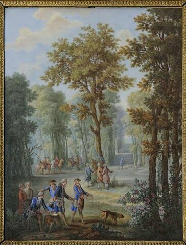 Les Chasses de Louis XVI : Le Roi tenant le limier, allant au bois, au carrefour du Puits solitaire en forêt de Compiègne