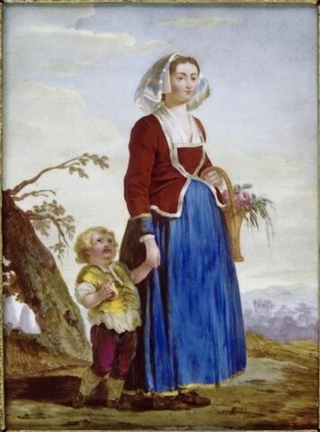 Femme italienne tenant un enfant de la main droite, un panier sur le bras, image 1/3