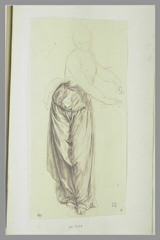 Etude de draperie pour une femme debout, les deux mains tendues, image 1/1
