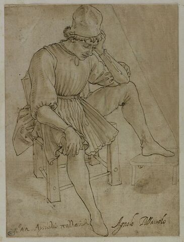 Jeune homme en chausses et pourpoint, coiffé d'un haut bonnet, assis de trois-quarts vers la droite, la tempe appuyée sur la main gauche et accoudé sur le genou gauche, image 1/6