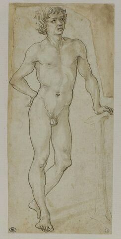 Jeune homme nu, debout, presque de face, la main gauche appuyée sur une enclume ( ?), la main droite posée sur la hanche
