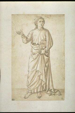 Jeune saint debout, drapé, tenant des flammes dans la main droite et un livre dans la gauche, image 4/6