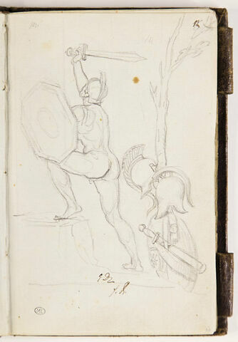 Guerrier s'élançant vers la gauche ; casques, épée et bouclier, arbre, image 1/2