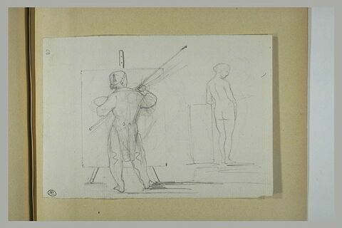 Peintre devant un chevalet et une femme posant nue, image 1/1