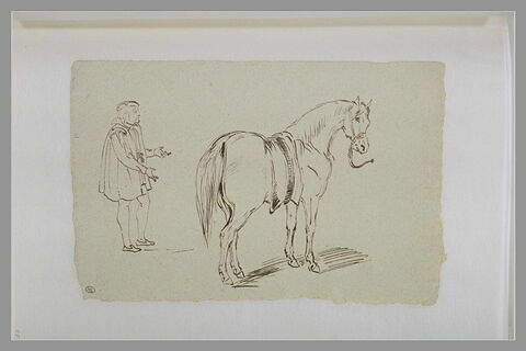 Un homme en costume Renaissance ; un cheval attaché, image 1/1