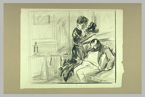 Un homme affaissé et endormi sur un divant et une jeune femme, image 1/1