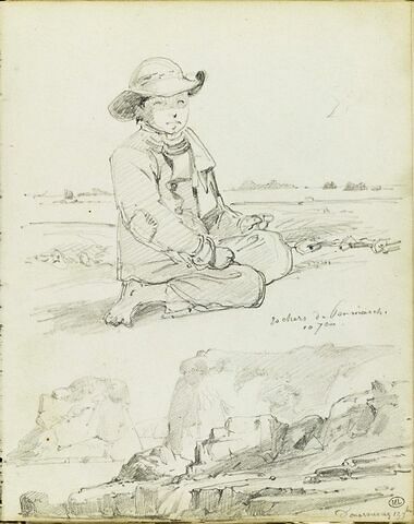 Jeune breton agenouillé aux rochers de Penmarch, et rochers à Douarnenez