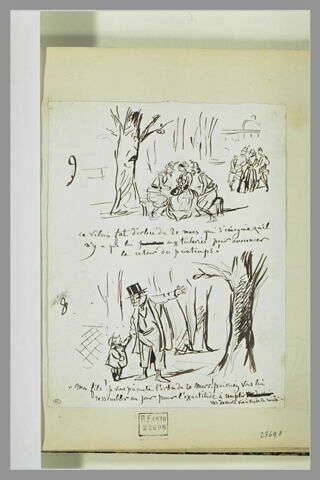Caricatures : une femme et deux militaires aux Tuileries ; homme et son fils, image 1/1