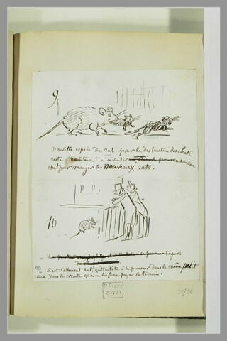 Caricatures : rat tenant un chat dans la gueule ; bourgeois regardant un rat, image 1/1