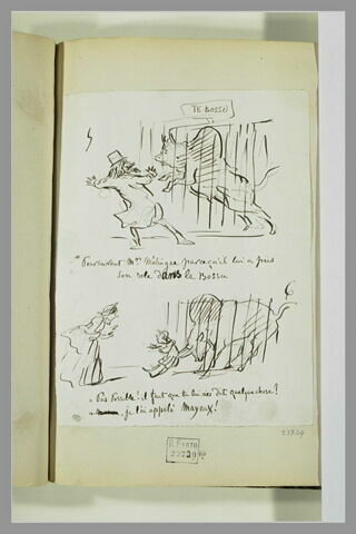 Caricatures : bovidé bossu dans une cage ; femme questionnant son fils, image 1/1