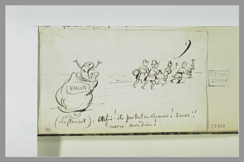 Caricature : haricot émergeant d'un sac portant l'inscription 'haricots'