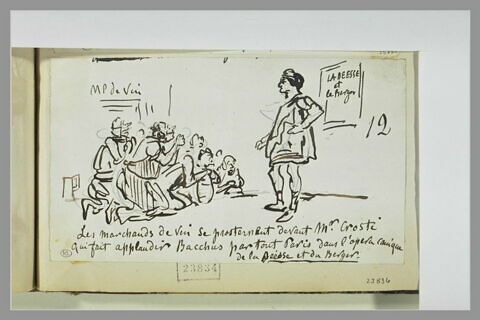 Caricature : des hommes prosternés devant Bacchus