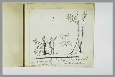 Caricature : un homme coiffé d'une casquette montrant à une dame un arbre