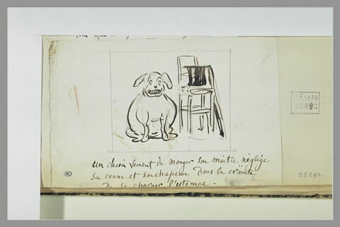 Caricature : un dogue obèse assis sur son arrière-train, auprès d'une chaise, image 1/1