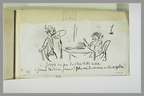 Caricature : Prudhomme se levant indigné d'une table où est assise sa femme, image 1/1
