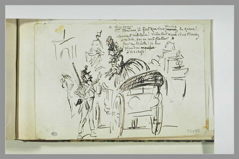 Caricature : un soldat devant une dame en grande toilette dans une voiture, image 1/1