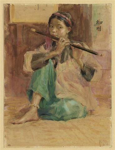 Musicienne vietnamienne assise, jouant de la flûte