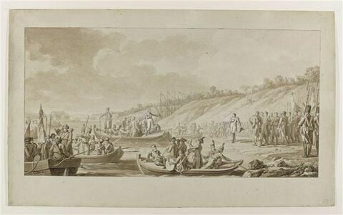 Les adieux de Napoléon et d'Alexandre Ier sur les bords du Niémen, après l'entrevue de Tilsitt, le 9 juillet 1807, image 1/1