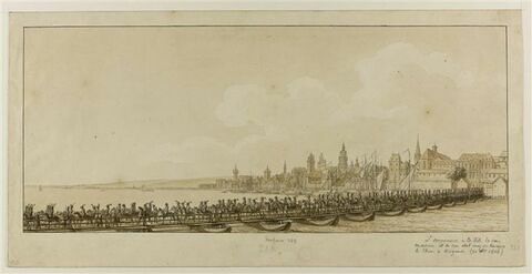 Napoléon Ier traverse le Rhin sur un pont de bateaux à Mayence, 3 oct. 1806
