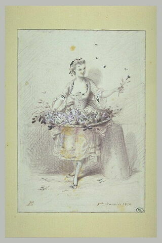 Bouquetière en costume Louis XV, debout, son éventaire pendu à sa taille