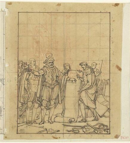 Henri IV accompagné de Sully, examine un plan qu'un homme déroule devant lui, image 1/2