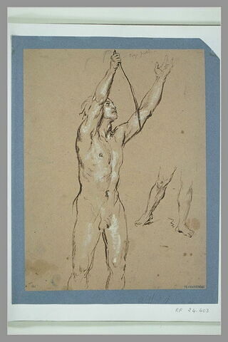 Homme nu, debout, de trois quarts à droite tenant un arc ; étude de jambes