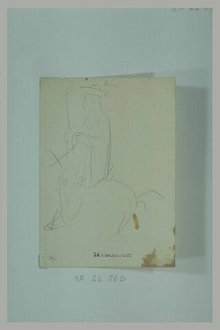 Figure voilée sur un cheval, de profil à gauche