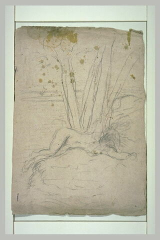 Figure nue, allongée sur un tertre, au pied d'un arbre