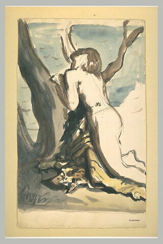 Femme nue, agenouillée contre un arbre