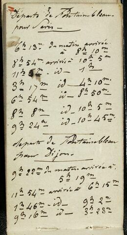 Notes manuscrites : Départs de Dijon pour Fontainebleau