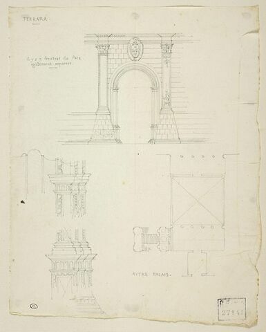 Portail du palazzo dei Diamanti et détails architectoniques ; plan d'un édifice à Ferrare