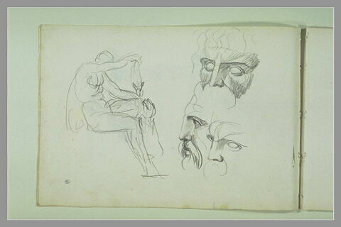 Figure assise ; trois études de visage d'homme barbu (Jupiter ?)