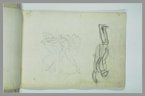 Trois hommes combattant ; un soldat debout, appuyé sur sa lance, image 1/1