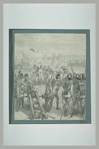 La bataille d'Arcole : artilleurs français à l'entrée d'un pont de bois