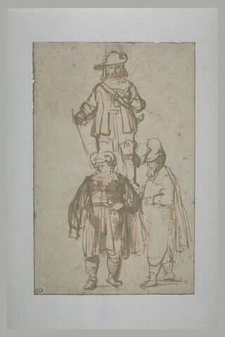 Etude de trois personnages, l'un en costume d'officier dominant les autres, image 1/1
