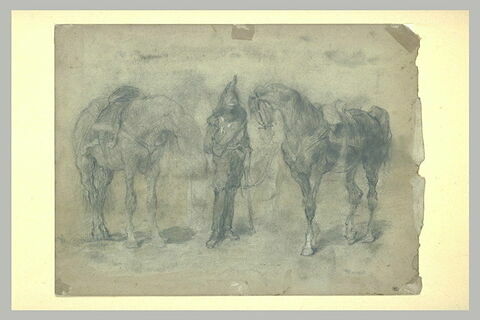 Cuirassier entre deux chevaux qu'il tient par la bride